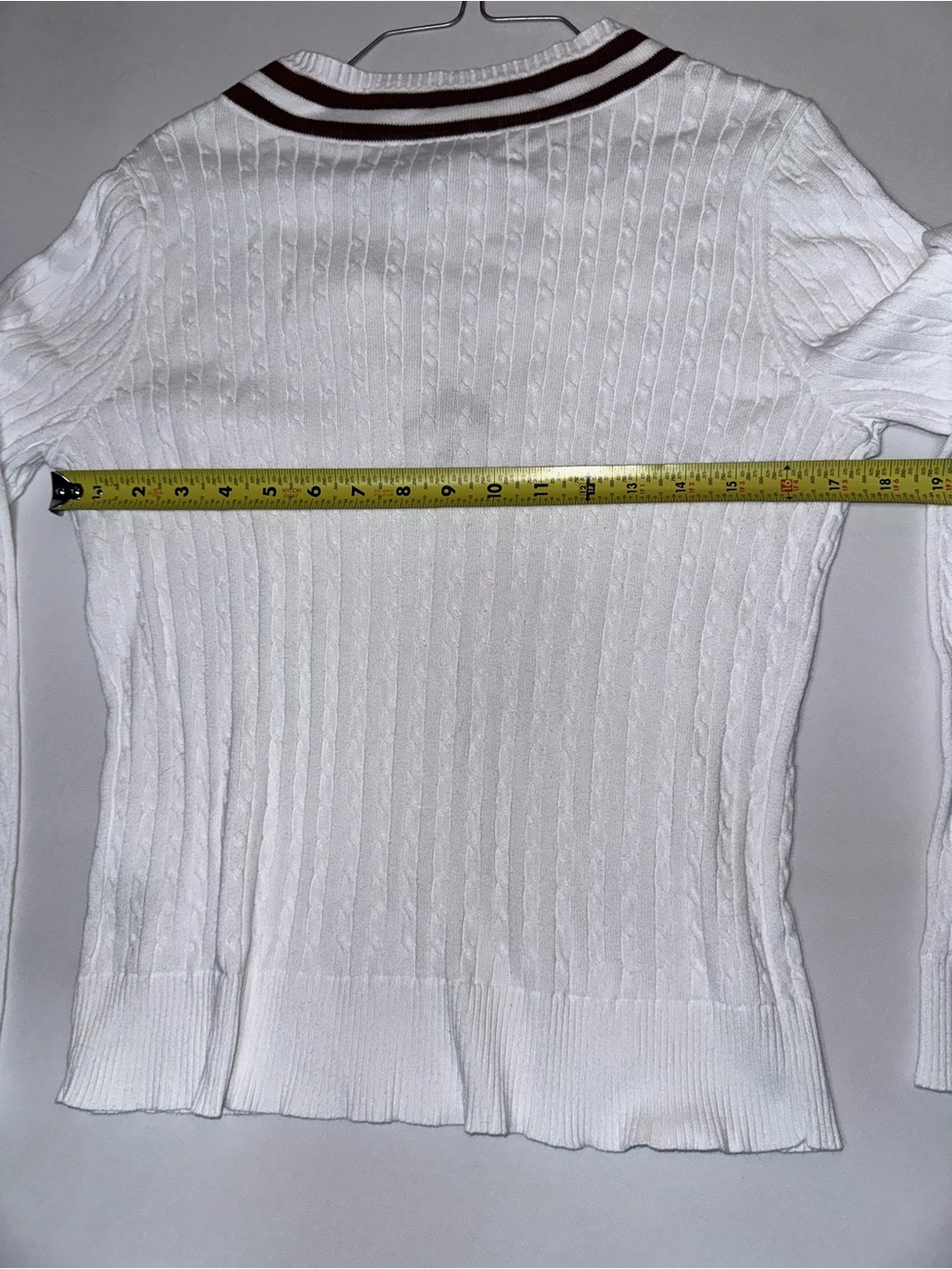 Ralph Lauren White Cable-Knit Scoop Sweater with Burgundy-Trim Collar